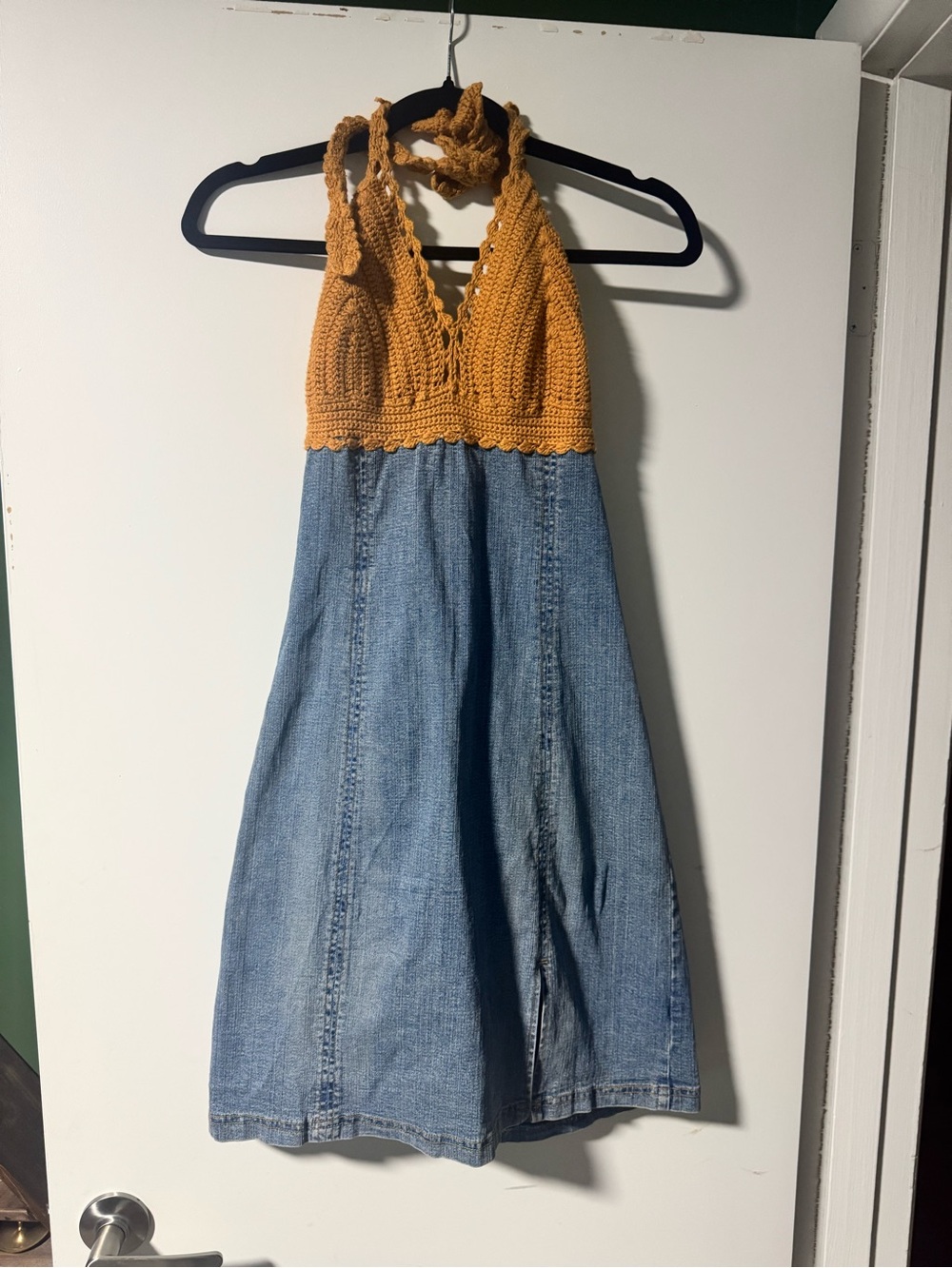 Vintage Crochet Halter Denim Midi Dress - Mustard & Light Blue